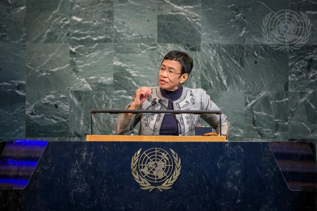 Nobel Peace laureate Maria Ressa presenting the Global Call at the UN General Assembly